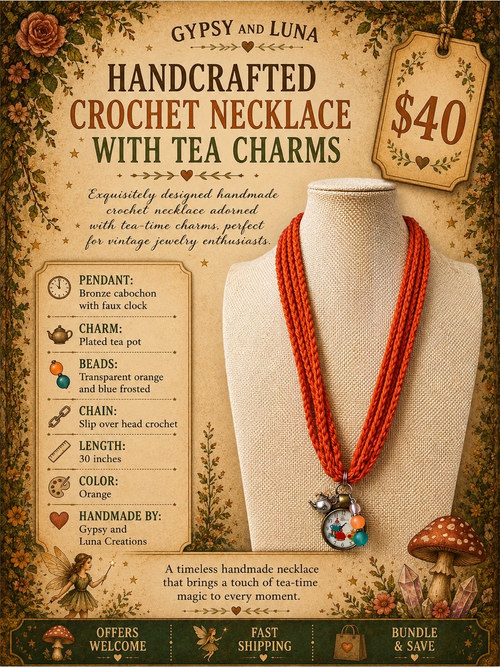 Handcrafted Crochet Necklace with Tea Charms